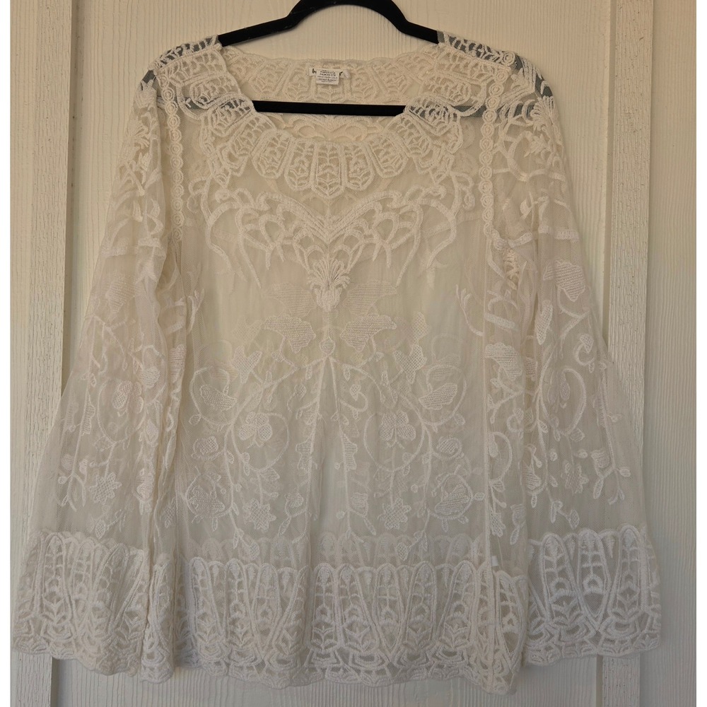 Crochet Lace Mesh Bell Sleeve Top Size M Fairy Cottage Feminine Romantic Etheral